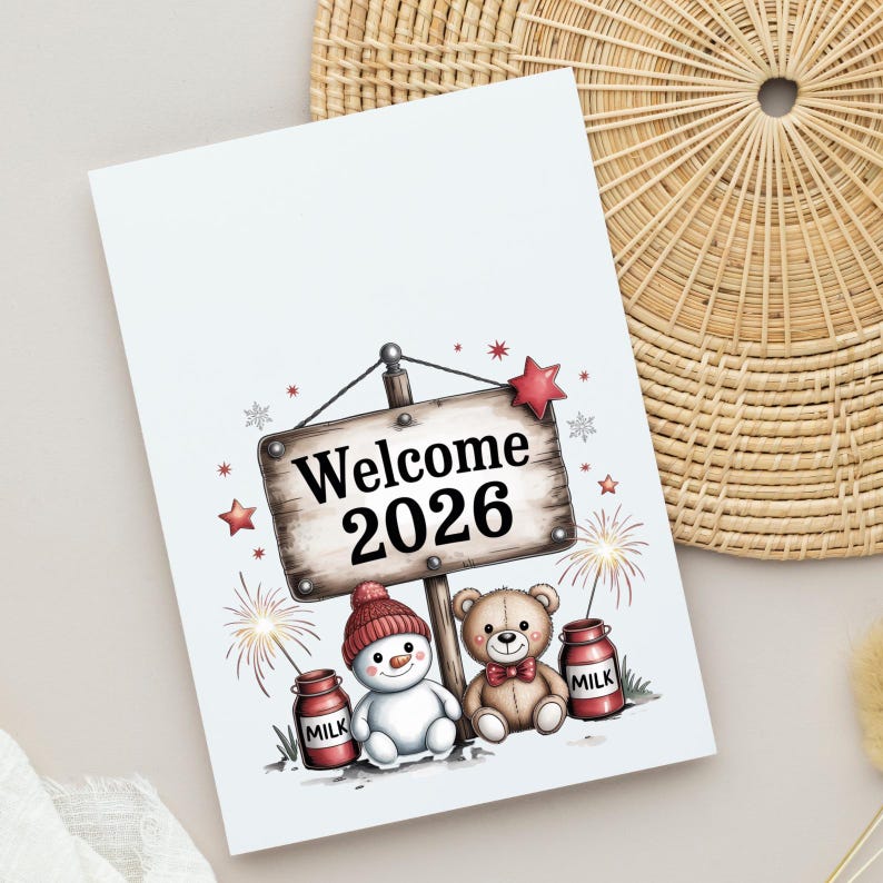 May include: A greeting card with the text "Welcome 2026" on a wooden sign. The card features a snowman in a red hat, a teddy bear with a bow tie, and two milk jugs. Fireworks and star accents are also included.