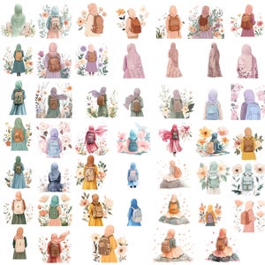 May include: Watercolor illustrations of figures wearing hijabs and backpacks, surrounded by floral arrangements. The figures are depicted in various colors, including pink, green, and yellow. The backpacks are brown and the flowers are in shades of pink, yellow, and white.
