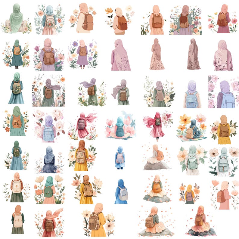 May include: Watercolor illustrations of figures wearing hijabs and backpacks, surrounded by floral arrangements. The figures are depicted in various colors, including pink, green, and yellow. The backpacks are brown and the flowers are in shades of pink, yellow, and white.