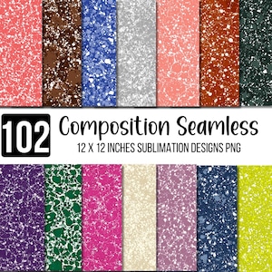 Pode incluir: Uma coleção de 102 designs de composição sem costura em várias cores, incluindo vermelho, castanho, azul, cinzento, rosa e verde. Cada design tem 30,48 x 30,48 cm. Os designs têm um padrão salpicado com detalhes brancos. O texto "Composition Seamless" é exibido.