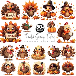 Op de afbeelding: Een verzameling Thanksgiving-thema illustraties met cartoon kalkoenen, pompoenen, herfstbladeren en pelgrimshoeden. Sommige kalkoenen houden borden vast met "Thankful". De tekst "Thanks Giving Turkey Transparent PNG Bundle" is ook zichtbaar.