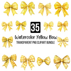 35 bundle di clipart PNG di fiocchi gialli ad acquerello, clipart di fiocchi civettuoli, fiocco di pizzo carino, disegni di fiocchi civettuoli in seta, clipart da ragazza, file digitali