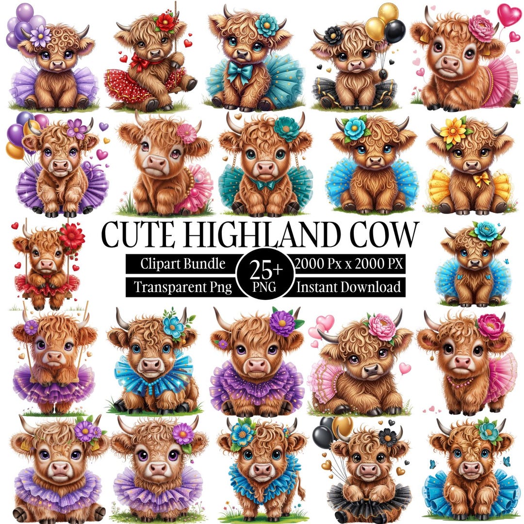 25+ Cute Highland Cow Clipart PNG Bundle, Watercolor Farm Animal Set ...
