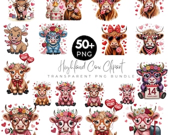 Pacchetto di clipart di mucche delle Highlands di San Valentino, mucca carina in formato PNG, illustrazione di animali da fattoria per San Valentino, clipart di mucche innamorate, download di PNG trasparenti