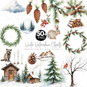 May include: Watercolor winter clip art bundle featuring pine cones, wreaths, a rabbit, birds, a raccoon, and cabins. The text reads "Winter Watercolour Cliparts" and "50+ PNG". The artwork has a snowy, rustic theme.