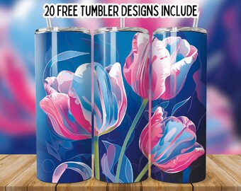 May include: Three stainless steel tumblers with a blue background and pink and blue tulip designs.  The tumblers are 20 ounces each.