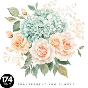174 Hydrangea and Roses PNG, Rose Hydrangea watercolor clipart, Floral Cottagecore, Floral Frames PNG, Wedding Invitation