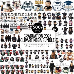 May include: A digital clipart mega bundle with graduation-themed graphics. The image includes various illustrations of graduation caps, diplomas, teddy bears, and characters in graduation attire. The text "Graduation 2026 Clipart Mega Bundle" is also visible.