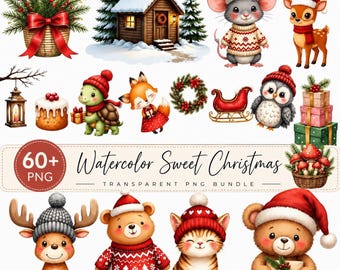 60+ Watercolor Cute Christmas Png Bundle,  Whimsical Santa, Winter Holidays, Festive Clipart,  Sublimination Png, Digital Download