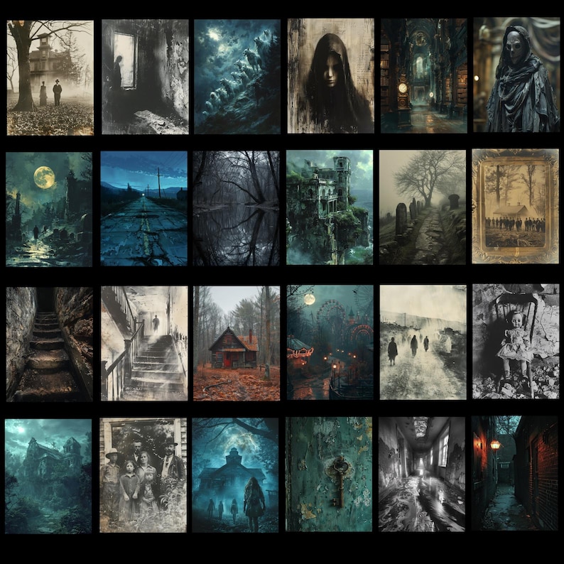 May include: A set of 24 digital art prints with a gothic theme. The images show haunted houses, eerie landscapes, and figures in shadowy settings. The colour palette is dominated by blues, greens, and greys, creating a spooky atmosphere.