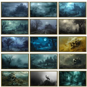 May include: A collection of framed art prints featuring gothic and spooky scenes. Each print depicts a haunted house, graveyard, or skull under a full moon, rendered in shades of blue, gray, and gold. The artwork evokes a sense of mystery and the supernatural.