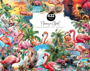 632 Flamingo Clipart PNG Bundle, Tropical Watercolor And Cartoon Flamingos, Summer Beach &Tropical Paradise, T-Shirt Design,Digital Download