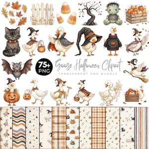 May include: A digital collection of watercolor Halloween-themed illustrations featuring geese in costumes, a black cat, a bat, pumpkins, autumn leaves, and patterned backgrounds. The text reads 75+ Goose Halloween Clipart TRANSPARENT PNG BUNDLE.