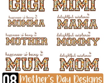 Paquete PNG de Mamá Mimi, La felicidad es ser mamá, Mamá Floral Boho PNG, Lindo Día de la Madre, Acuarela Floral PNG, Diseño Floral de Mamá
