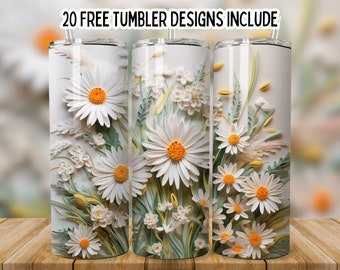 Diseño de envoltura de sublimación recta, margaritas blancas 3D sin costuras, envoltura PNG para vaso delgado de 20 oz, margarita blanca, vaso PNG, plantilla