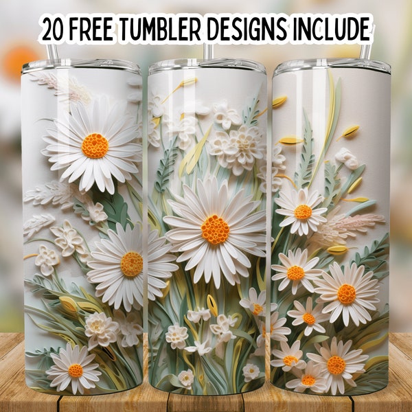 Straight Sublimation Wrap Design, 3D White Seamless Daisy Flowers, 20oz Skinny Tumbler Wrap PNG, White Daisy Flower, Tumbler PNG, Template