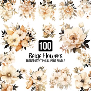 Paquete de 100 flores beige PNG, ramos florales bohemios, flores de acuarela, flores de boda, rosas beige PNG, flores pastel, descarga digital