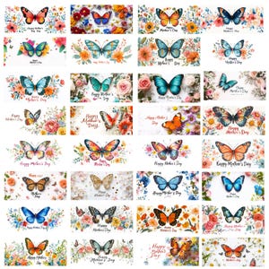May include: A set of 25 digital printable cards featuring colorful butterflies with floral backgrounds and the text "Happy Mother's Day".