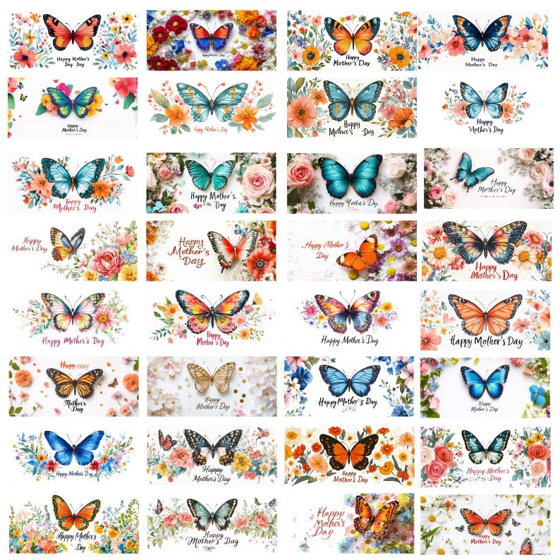 May include: A set of 25 digital printable cards featuring colorful butterflies with floral backgrounds and the text "Happy Mother's Day".