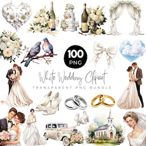 100 Wedding Clipart Bundle, Watercolor White Wedding Clipart Png, Wedding Elements,  Bride Clipart, Wedding Venue, Rustic Wedding Digital