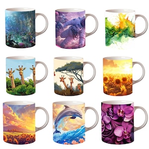 May include: Set of 9 ceramic mugs with various colorful designs. The designs include a space scene with an astronaut, a watercolor-style design with green and yellow colors, a field of sunflowers, a giraffe scene, a dolphin jumping out of the water, a sunset scene with sunflowers, and a floral design with purple orchids.