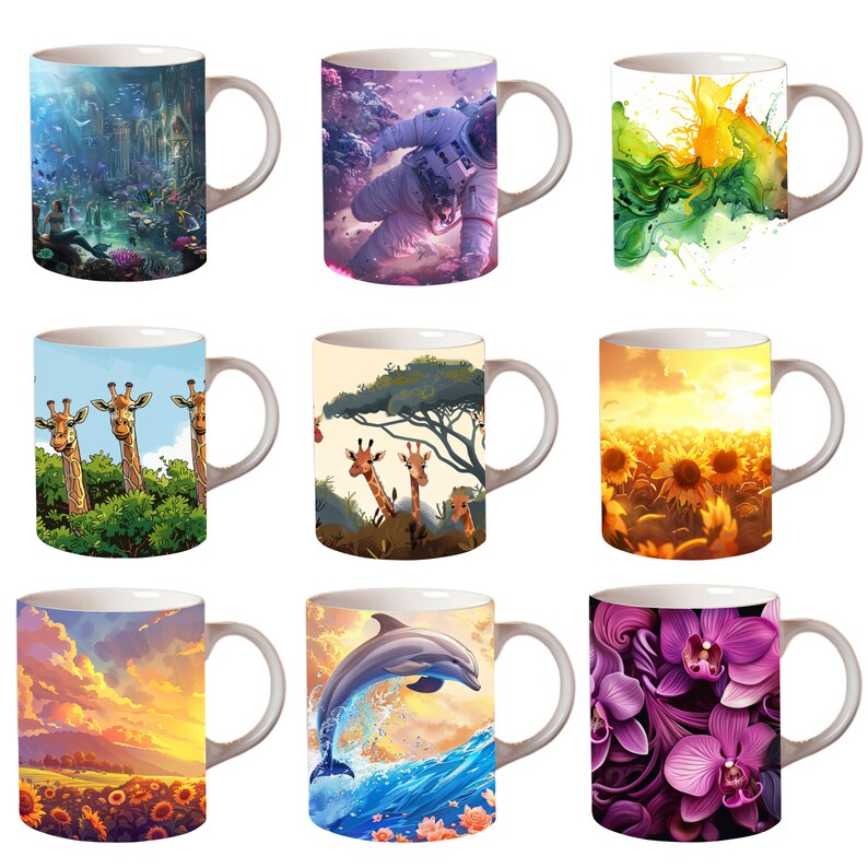 May include: Set of 9 ceramic mugs with various colorful designs. The designs include a space scene with an astronaut, a watercolor-style design with green and yellow colors, a field of sunflowers, a giraffe scene, a dolphin jumping out of the water, a sunset scene with sunflowers, and a floral design with purple orchids.