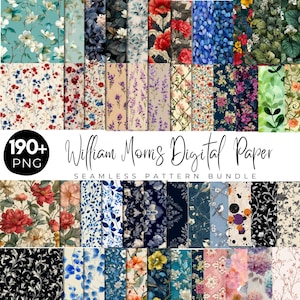 May include: A collection of digital papers featuring floral and botanical patterns in various colors. The image includes a variety of designs, including red roses, blue hydrangeas, and lavender sprigs. The text reads "William Morris Digital Paper Seamless Pattern Bundle."