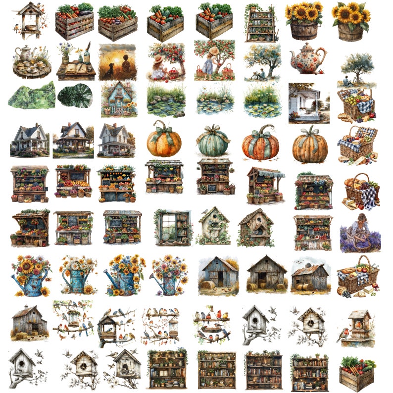 Peut inclure: Illustrations &agrave; l'aquarelle de diverses sc&egrave;nes rustiques. L'image comprend des caisses en bois remplies de l&eacute;gumes, des tournesols en pots, des maisons, des &eacute;tals de march&eacute;, des citrouilles, des nichoirs et des paniers de pique-nique. La palette de couleurs est domin&eacute;e par des tons chauds.