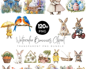 120+ Watercolor Bunnies Clipart, Spring Bunny PNG Bundle, Easter Rabbit Illustrations, Cottagecore Bunny Art, Cute Animal Clipart