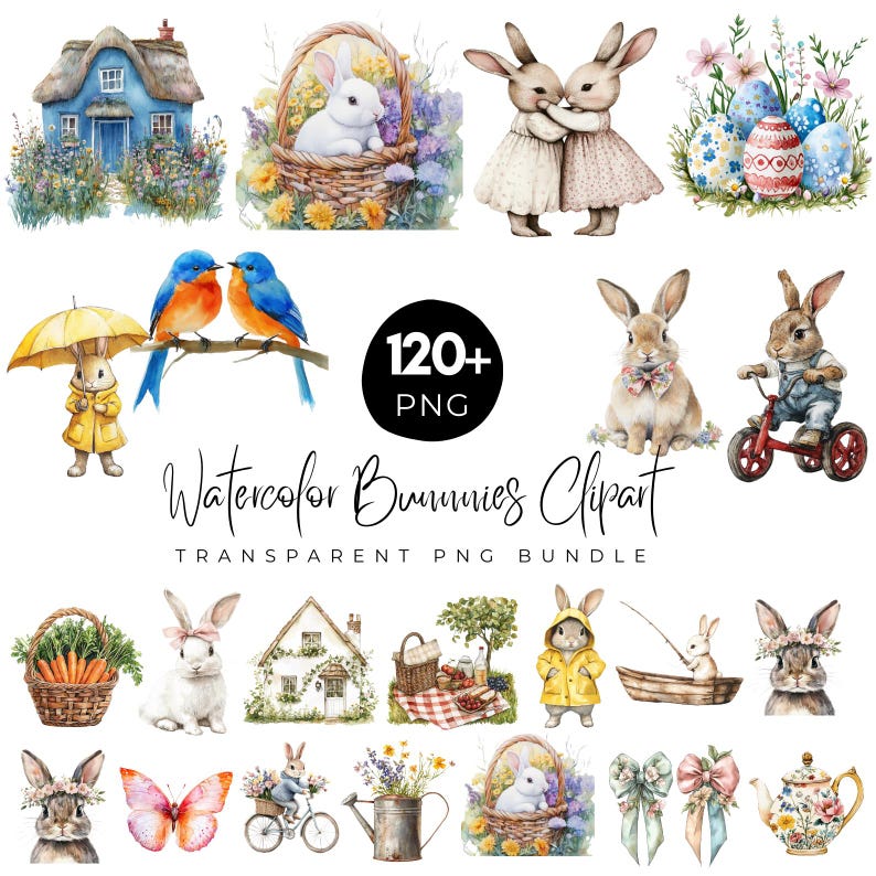 120+ Watercolor Bunnies Clipart, Spring Bunny PNG Bundle, Easter Rabbit ...