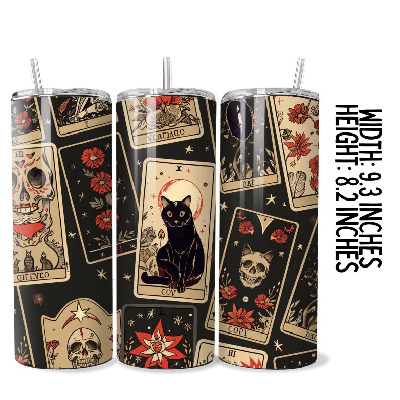 May include: A black and white stainless steel tumbler with a tarot card design. The tumbler features a black cat, skulls, flowers, and stars on a black background. The tumbler is 9.3 inches wide and 8.2 inches tall.