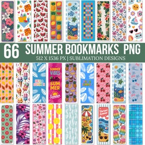 May include: A collection of 66 summer-themed bookmarks with various designs. The bookmarks feature illustrations of fruits, ice cream, tropical flowers, and beach scenes. The text "66 SUMMER BOOKMARKS PNG" is displayed prominently.