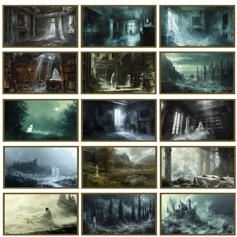 May include: A collection of twelve digital art prints featuring eerie, gothic scenes. Each framed image depicts haunted rooms, misty landscapes, and spectral figures. The color palette is dominated by blues, grays, and whites, creating a chilling atmosphere.