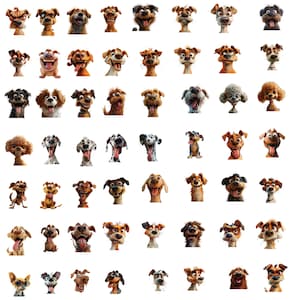 Pu&ograve; includere: Una collezione di 64 volti di cani di cartoni animati con diverse espressioni, tra cui felici, tristi, sorpresi e arrabbiati. I cani sono di razze e colori diversi.