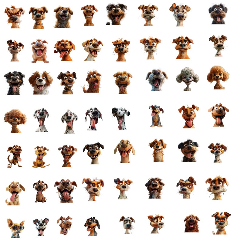 Pu&ograve; includere: Una collezione di 64 volti di cani di cartoni animati con diverse espressioni, tra cui felici, tristi, sorpresi e arrabbiati. I cani sono di razze e colori diversi.