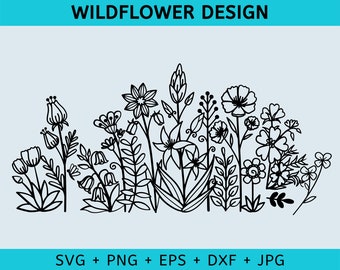 May include: Black and white line art illustration of a cluster of wildflowers. The design features various types of flowers and leaves, creating a whimsical and organic feel.