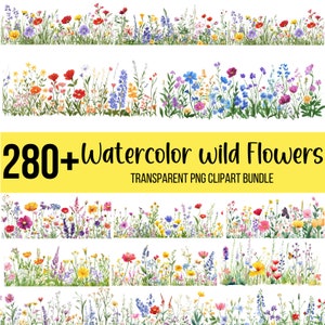 280+ Pacote de clipart de flores silvestres, prado de flores silvestres, flor em aquarela, aquarela de flores silvestres png, álbum de recortes, diário de lixo, download digital