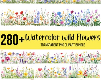 May include: A collection of 280+ watercolor wildflower illustrations. The flowers are arranged in rows and feature a variety of colors, including pink, purple, blue, yellow, and red. The flowers are set against a white background.  The text "280+ Watercolor Wild Flowers" and "Transparent PNG Clipart Bundle" is displayed on a yellow banner.