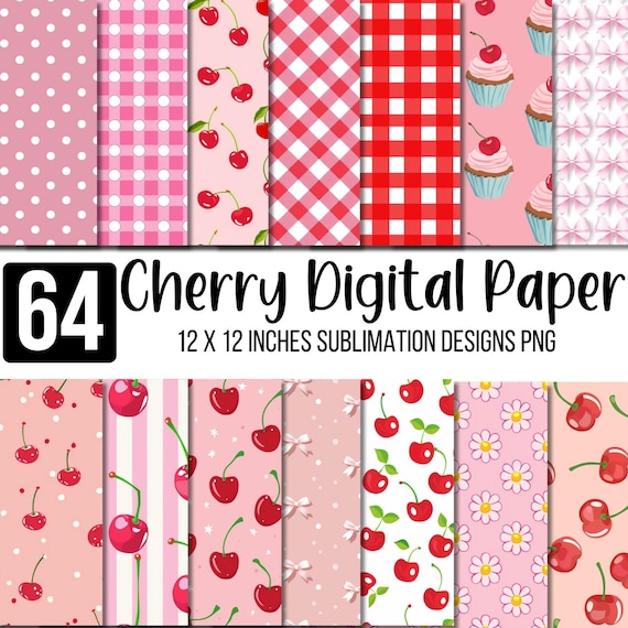 64 Cherry digital paper, Cherry sublimation bundle, 12x12 inch cherry PNG, Pink cherry seamless paper, Coquette Cherry Design, Digital PNG