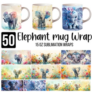 50 15 Unzen Elefantenbecher wickeln Bündel, Aquarell Elefant Becher wickeln, 15 Unzen Becher wickeln, Baby Elefant Sublimationsentwürfe, Elefant nahtlose Becher