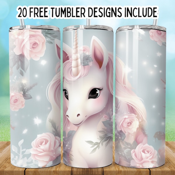 3D Unicorn Floral 20oz Skinny Tumbler Wrap PNG, Baby Horse Tumbler png, Flowers Unicorn Seamless Sublimation Tumbler PNG