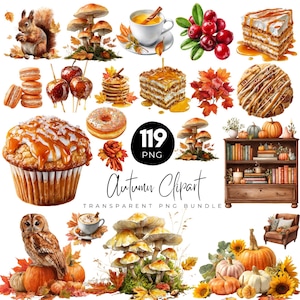 Op de afbeelding: Een verzameling aquarel clip-art elementen met herfstthema. Bevat afbeeldingen van een eekhoorn, paddenstoelen, een kopje thee, veenbessen, cake, macarons, gekarameliseerde appels, pannenkoeken, een donut, een cupcake, herfstbladeren, een boekenplank, een uil, pompoenen en zonnebloemen.