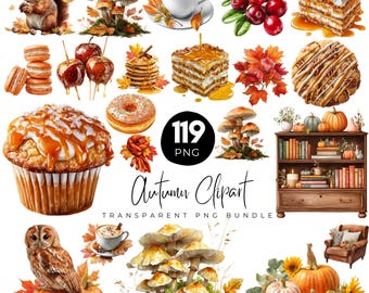 Op de afbeelding: Een verzameling aquarel clip-art elementen met herfstthema. Bevat afbeeldingen van een eekhoorn, paddenstoelen, een kopje thee, veenbessen, cake, macarons, gekarameliseerde appels, pannenkoeken, een donut, een cupcake, herfstbladeren, een boekenplank, een uil, pompoenen en zonnebloemen.