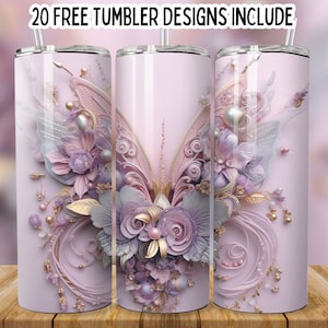 3D roze bloemen vlinder en parels 20 oz sublimatie magere bekerontwerpen, rechte bekeromslag 3D naadloze beker, 3D-bloemomslag, bek png