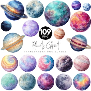 109 Planets Clipart Bundle, Watercolor Space Planets PNG, Printable Solar System, Transparent Space PNG, Instant Digital Download