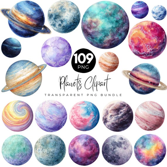 109 Planets Clipart Bundle, Watercolor Space Planets PNG, Printable Solar System, Transparent Space PNG, Instant Digital Download