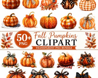 50 Fall pumpkins clipart PNG Bundle, autumn watercolor Png, Halloween sublimation Designs, Fall Autumn Clipart, Transparent Background