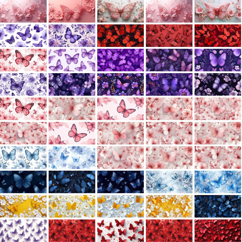 May include: A digital collage of 36 images featuring butterflies on a variety of floral backgrounds. The butterflies are in various colors, including pink, purple, blue, red, and yellow. The floral backgrounds are also in a variety of colors, including pink, white, and yellow.