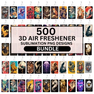 May include: A collection of 500 sublimation PNG designs for 3D air fresheners. The designs feature a variety of colorful and creative illustrations, including animals, plants, and abstract patterns.