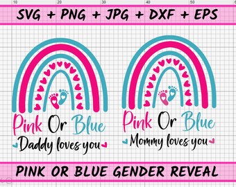 Mamá papá te amo rosa o azul SVG, revelación de género SVG, camisa de revelación de género SVG, huella de bebé, archivos Cricut, rosa o azul Te amamos SVG